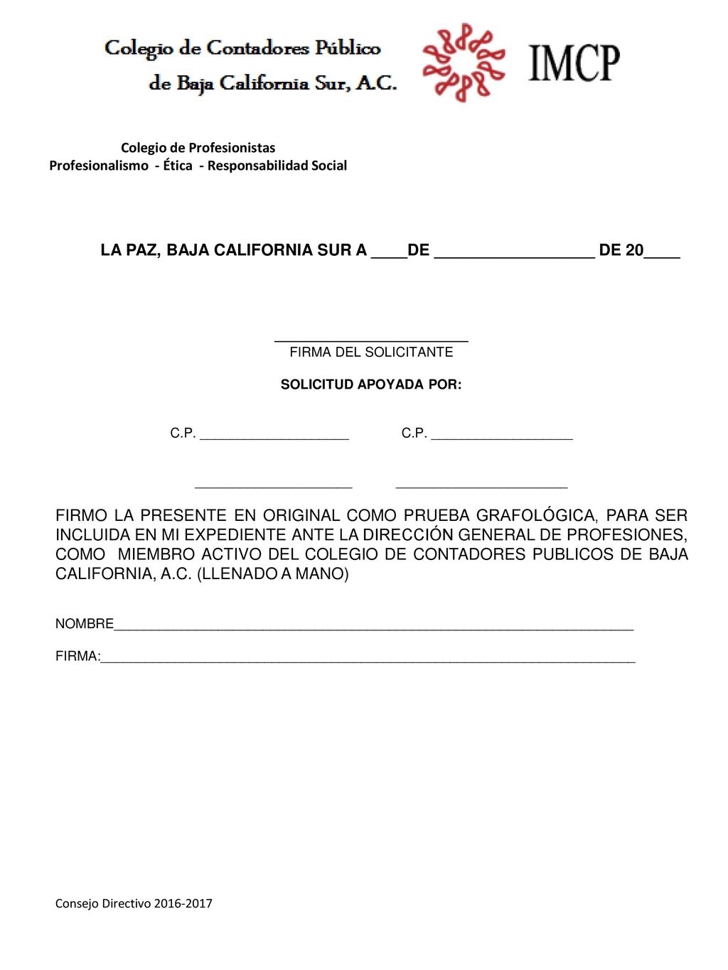 LA PAZ, BAJA CALIFORNIA SUR A ____DE __________________ DE 20____