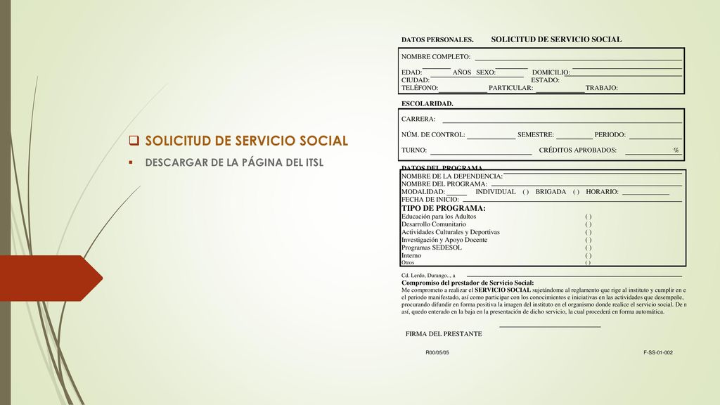 SOLICITUD DE SERVICIO SOCIAL DESCARGAR DE LA PÁGINA DEL ITSL