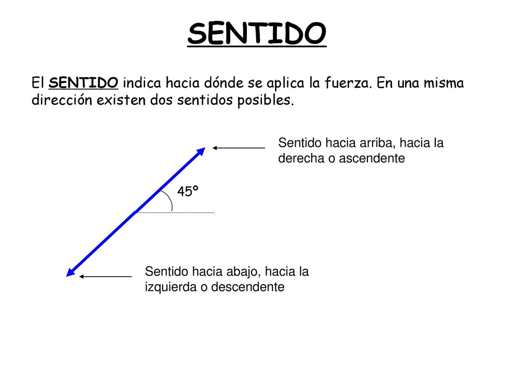 SENTIDO El SENTIDO indica hacia dónde se aplica la fuerza. En una misma dirección existen dos sentidos posibles.