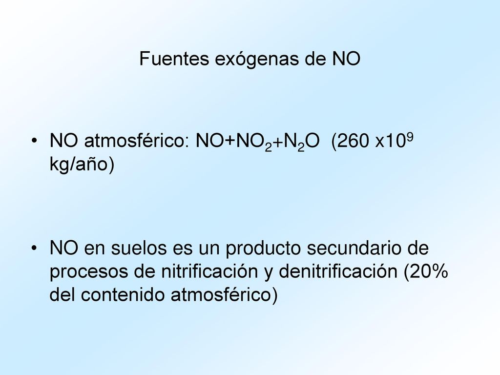 Fuentes exógenas de NO NO atmosférico: NO+NO2+N2O (260 x109 kg/año)