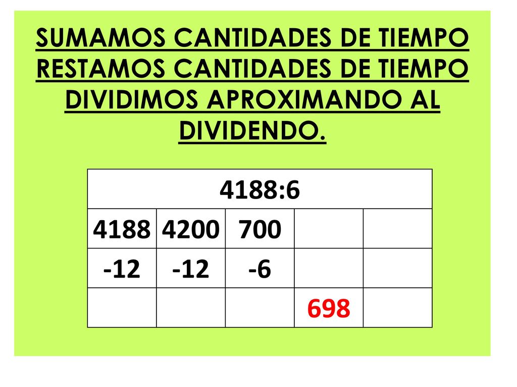 SUMAMOS CANTIDADES DE TIEMPO RESTAMOS CANTIDADES DE TIEMPO DIVIDIMOS APROXIMANDO AL DIVIDENDO.