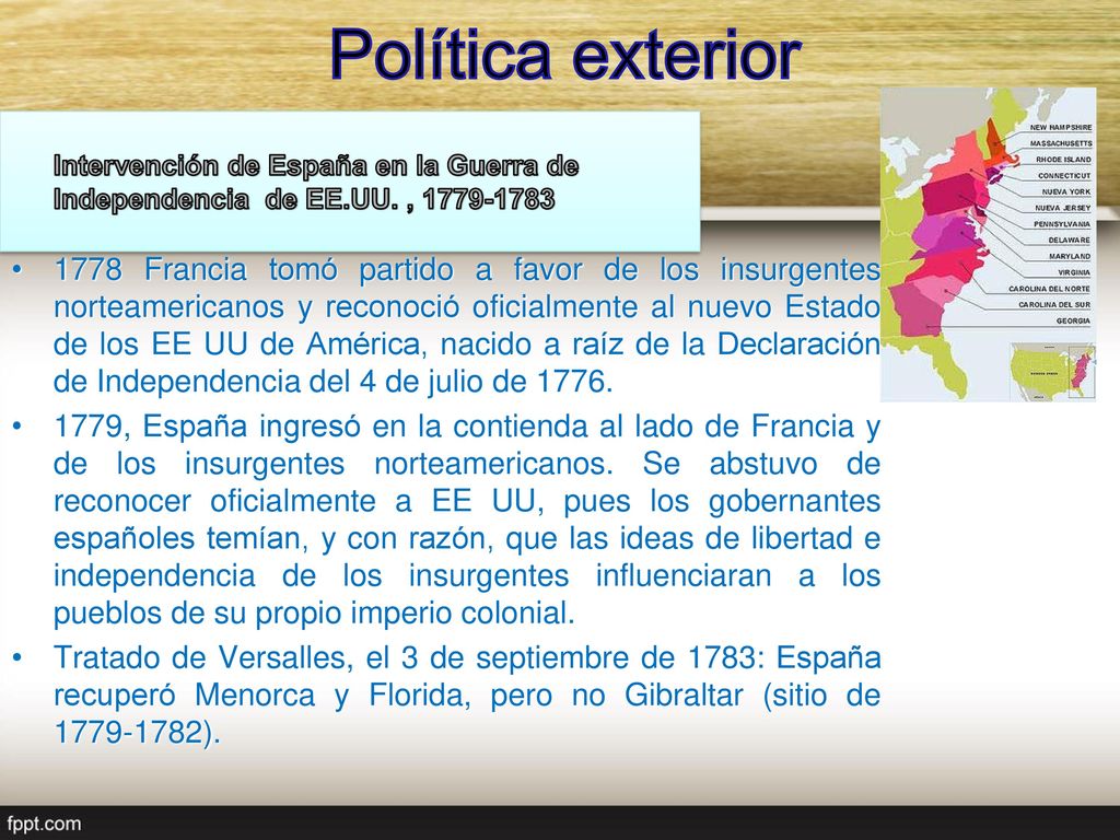 Política exterior Intervención de España en la Guerra de Independencia de EE.UU. ,