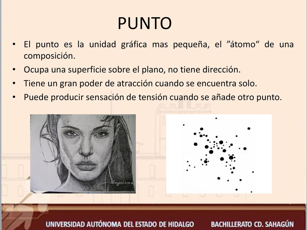 PUNTO El punto es la unidad gráfica mas pequeña, el átomo de una composición. Ocupa una superficie sobre el plano, no tiene dirección.