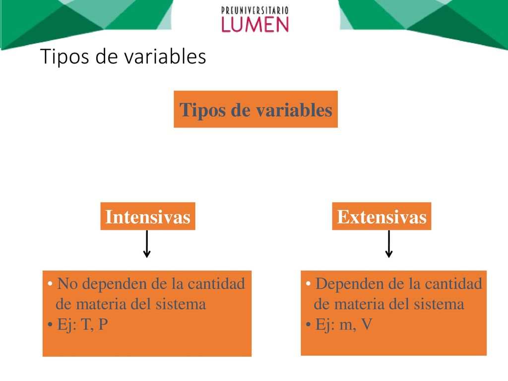 Tipos de variables Intensivas Extensivas Tipos de variables