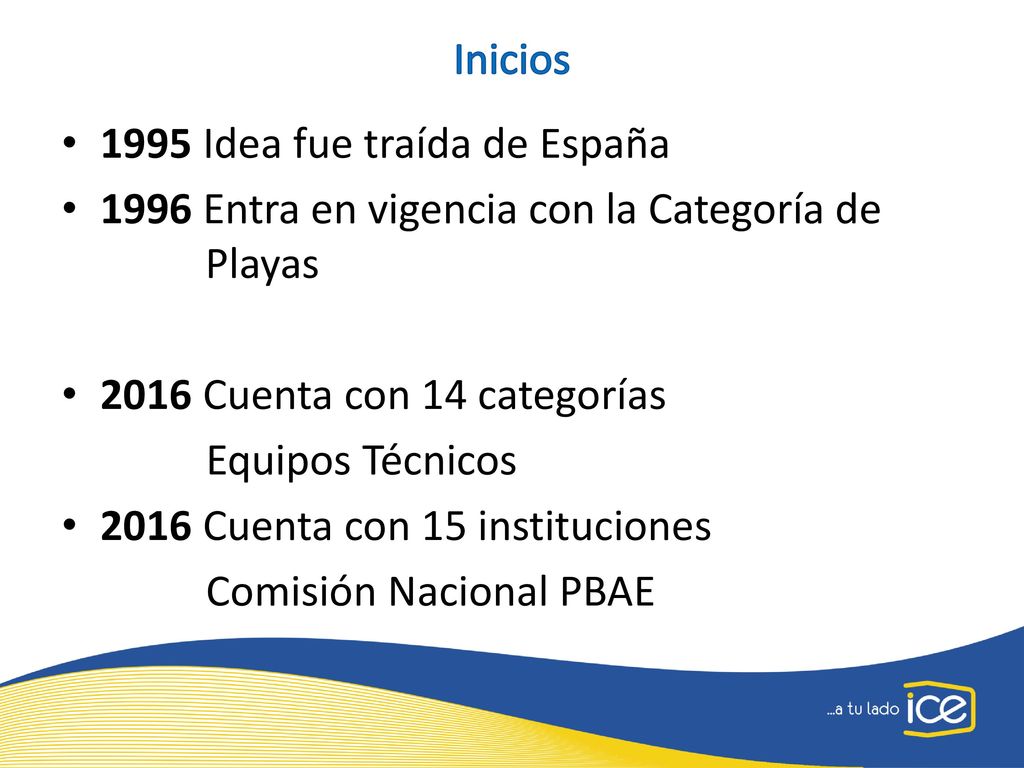 Inicios 1995 Idea fue traída de España Entra en vigencia con la Categoría de Playas Cuenta con 14 categorías.