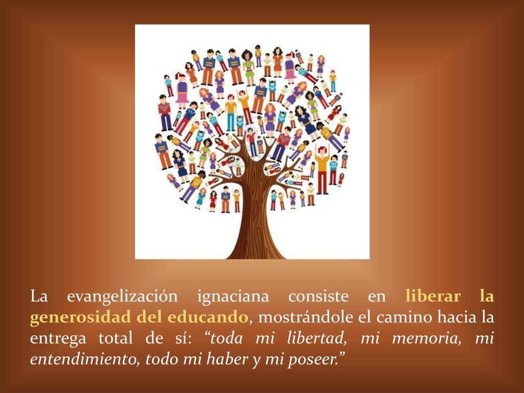 La evangelización ignaciana consiste en liberar la generosidad del educando, mostrándole el camino hacia la entrega total de sí: toda mi libertad, mi memoria, mi entendimiento, todo mi haber y mi poseer.