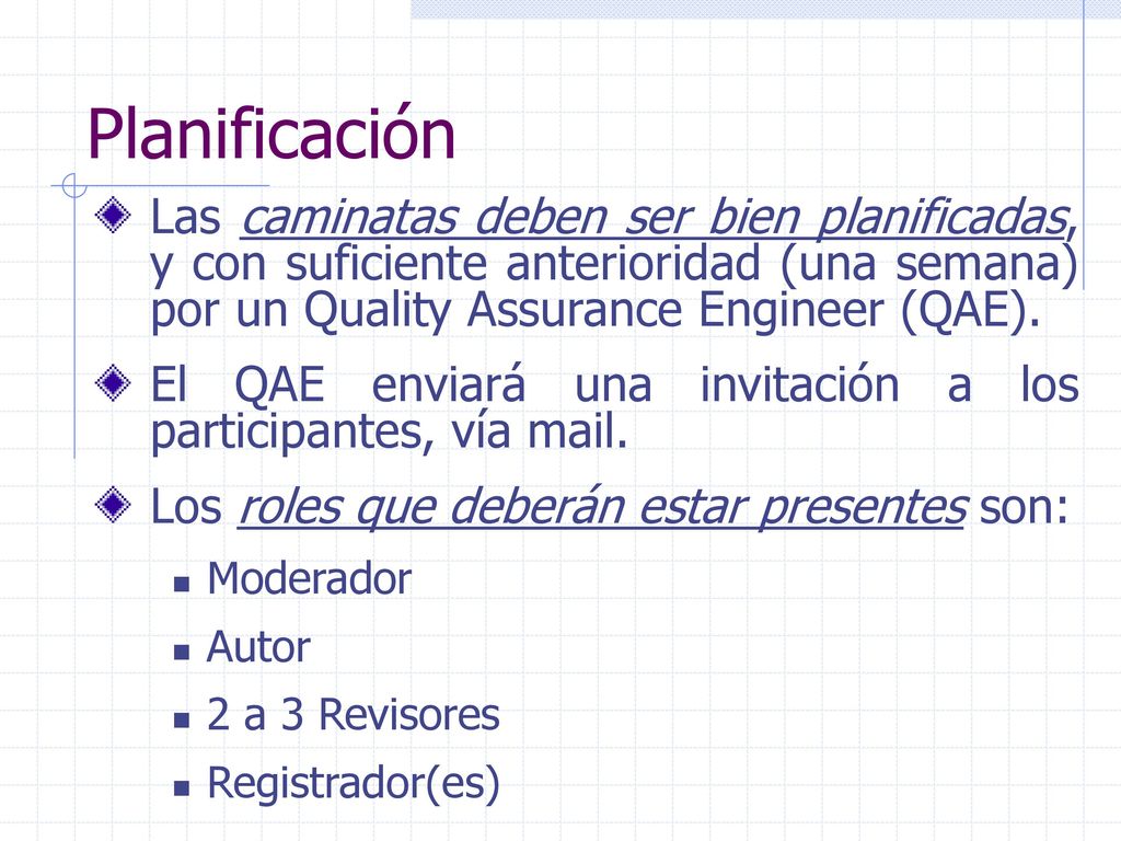 Planificación Las caminatas deben ser bien planificadas, y con suficiente anterioridad (una semana) por un Quality Assurance Engineer (QAE).