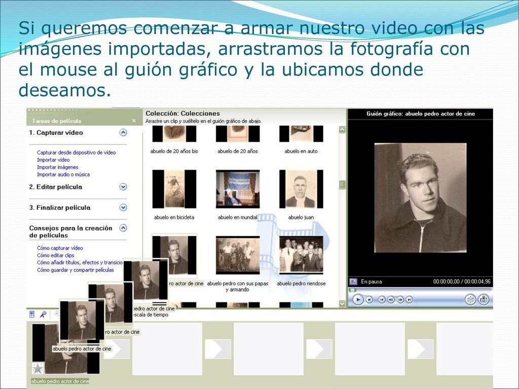 Si queremos comenzar a armar nuestro video con las imágenes importadas, arrastramos la fotografía con el mouse al guión gráfico y la ubicamos donde deseamos.