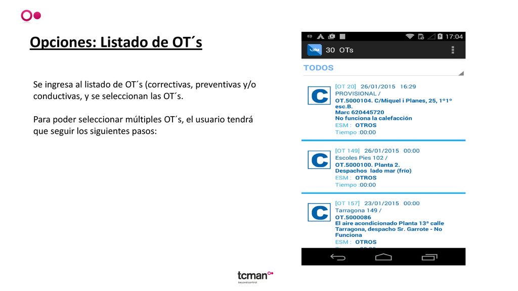 Opciones: Listado de OT´s