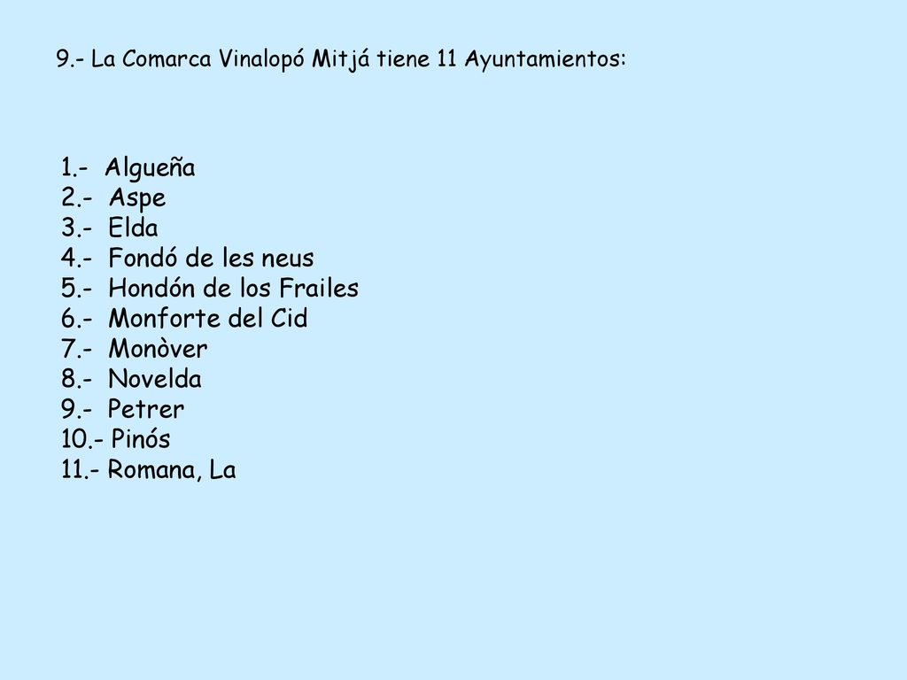 1.- Algueña 2.- Aspe 3.- Elda 4.- Fondó de les neus