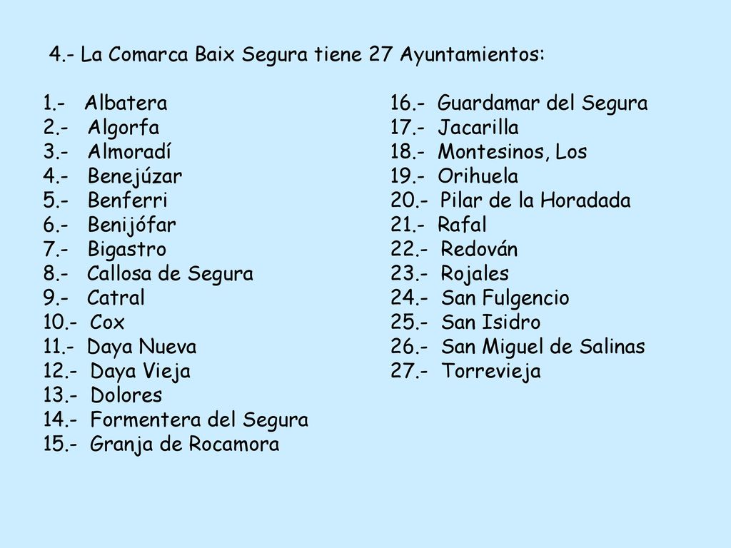 4.- La Comarca Baix Segura tiene 27 Ayuntamientos: