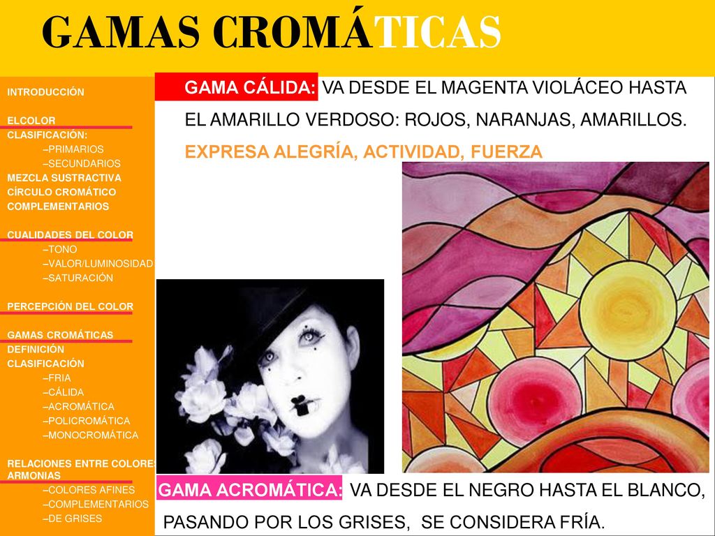 GAMAS CROMÁTICAS GAMA CÁLIDA: VA DESDE EL MAGENTA VIOLÁCEO HASTA