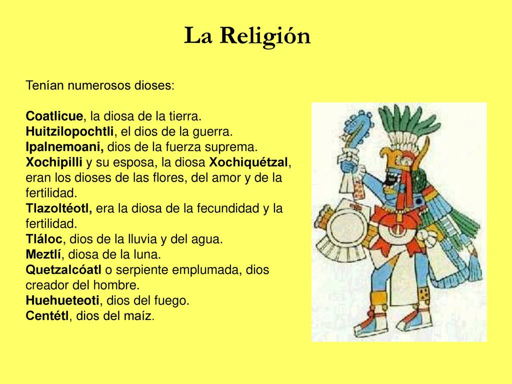 La Religión Tenían numerosos dioses: Coatlicue, la diosa de la tierra.
