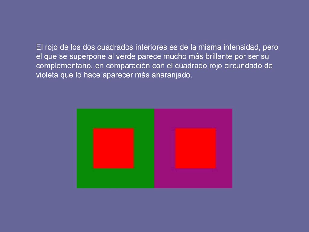 El rojo de los dos cuadrados interiores es de la misma intensidad, pero el que se superpone al verde parece mucho más brillante por ser su complementario, en comparación con el cuadrado rojo circundado de violeta que lo hace aparecer más anaranjado.