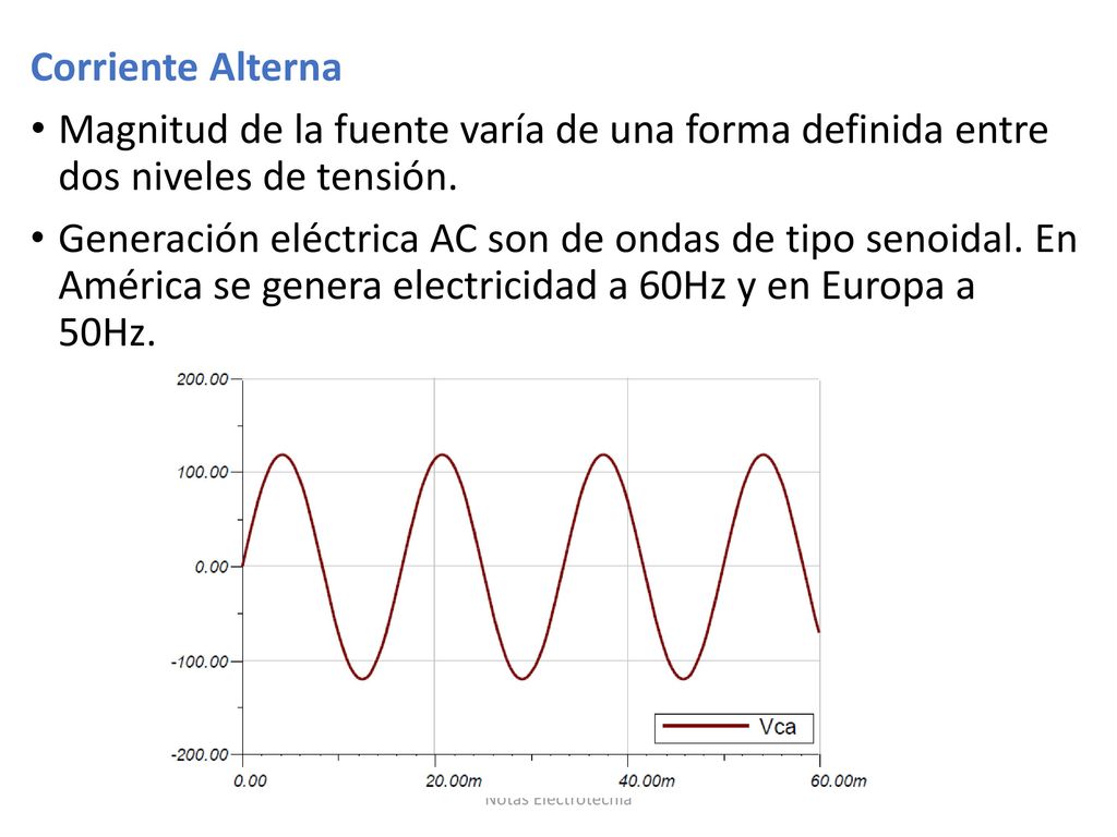 Corriente Alterna Magnitud de la fuente varía de una forma definida entre dos niveles de tensión.