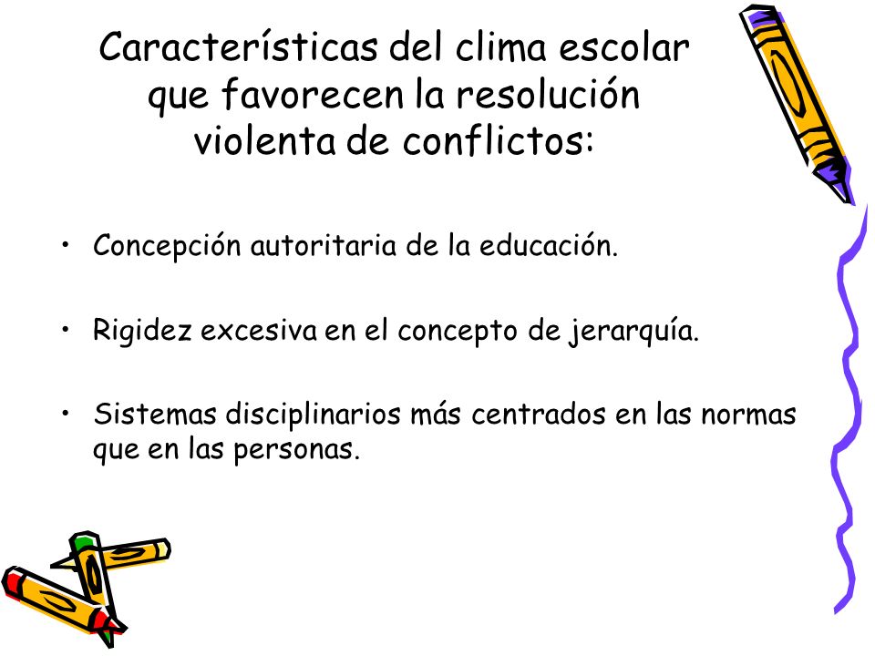 Características del clima escolar que favorecen la resolución violenta de conflictos: