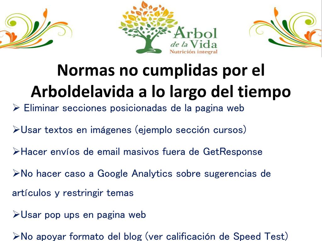Normas no cumplidas por el Arboldelavida a lo largo del tiempo