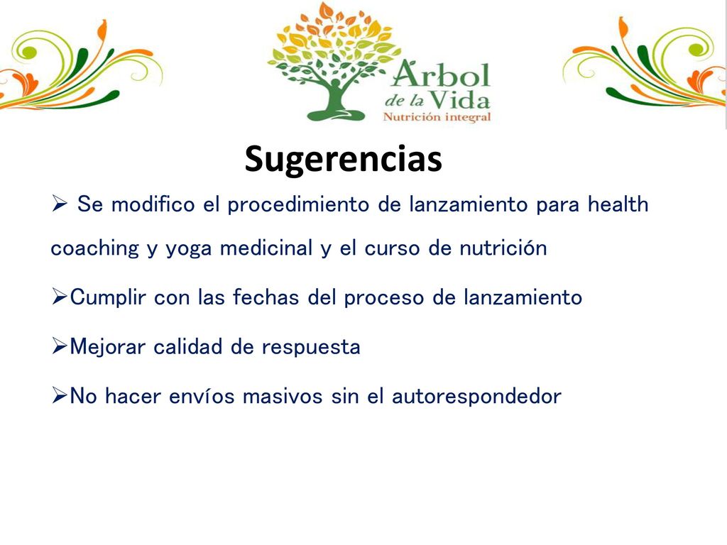 Sugerencias Se modifico el procedimiento de lanzamiento para health coaching y yoga medicinal y el curso de nutrición.