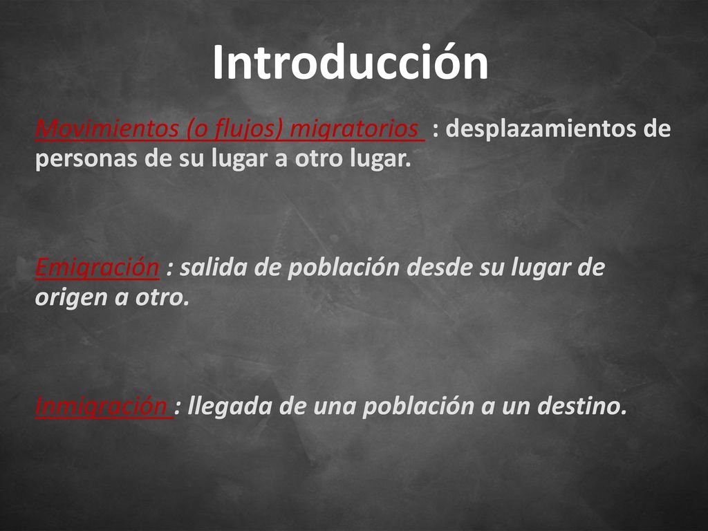 Introducción Movimientos (o flujos) migratorios : desplazamientos de personas de su lugar a otro lugar.