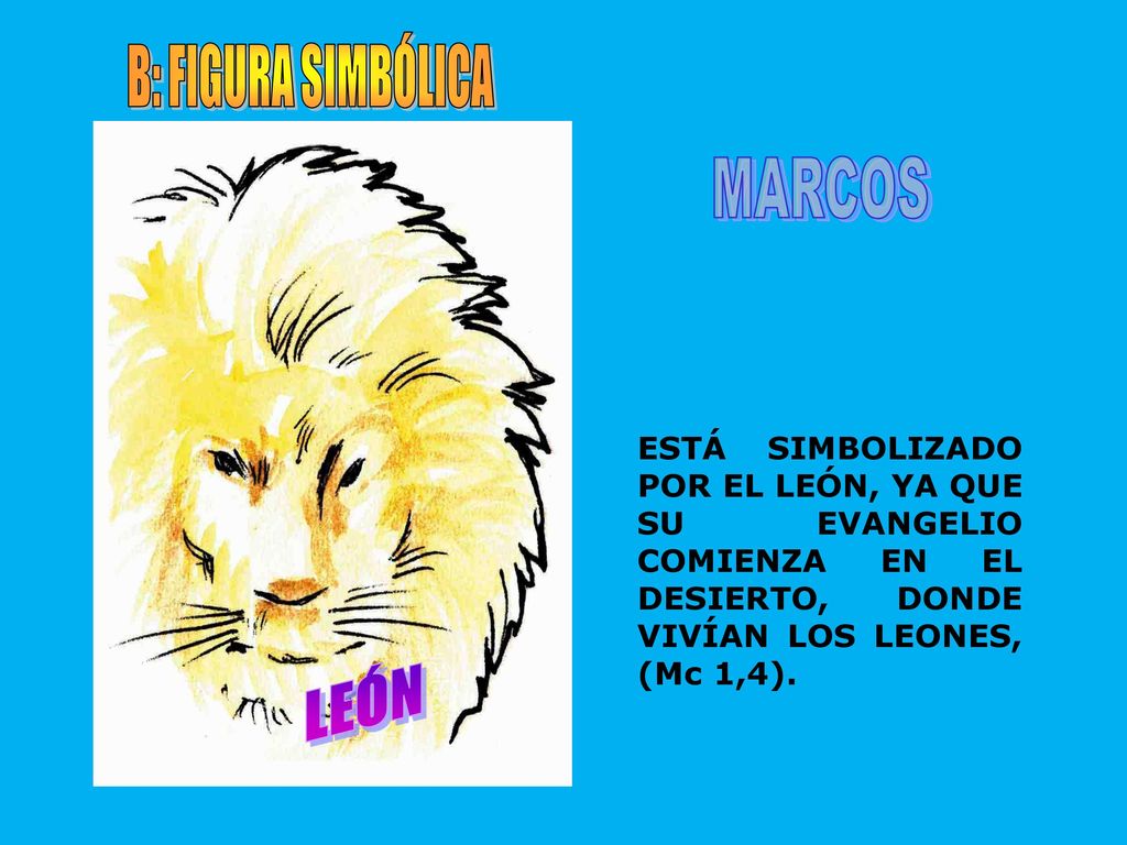 B: FIGURA SIMBÓLICA MARCOS. ESTÁ SIMBOLIZADO POR EL LEÓN, YA QUE SU EVANGELIO COMIENZA EN EL DESIERTO, DONDE VIVÍAN LOS LEONES, (Mc 1,4).
