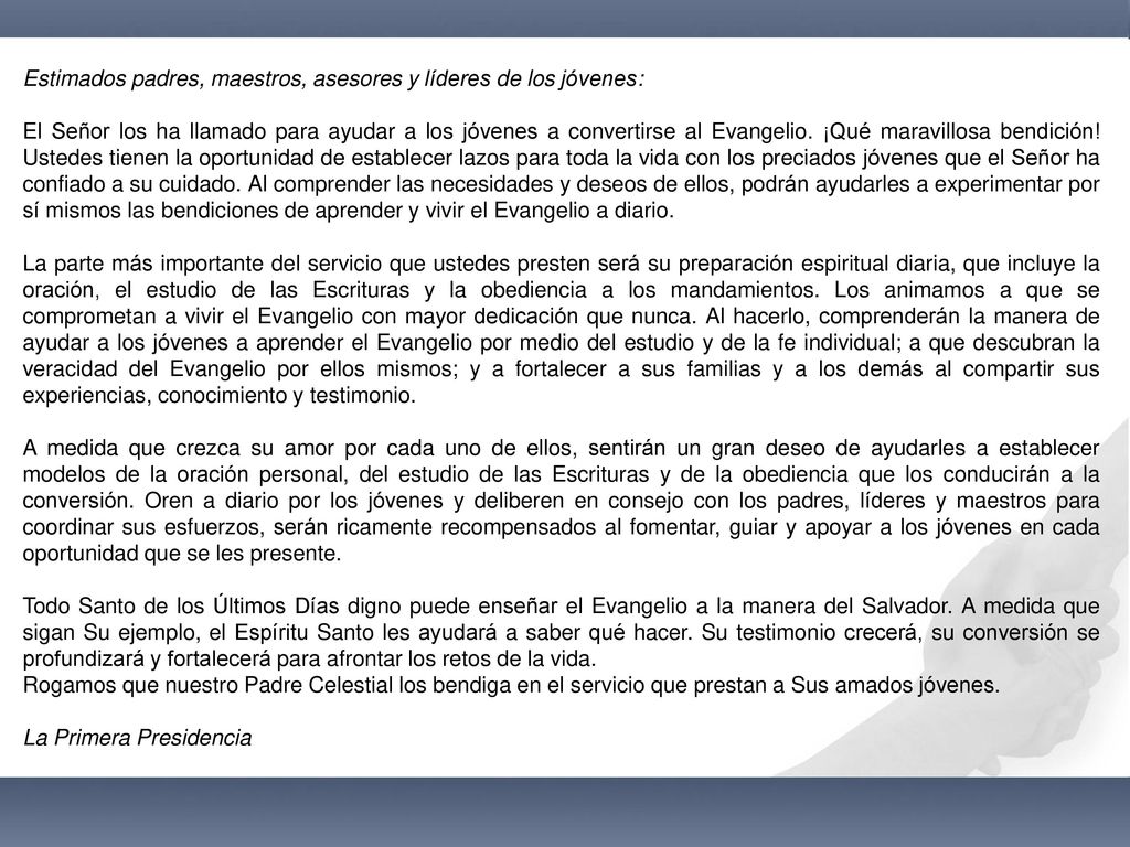 Estimados padres, maestros, asesores y líderes de los jóvenes: