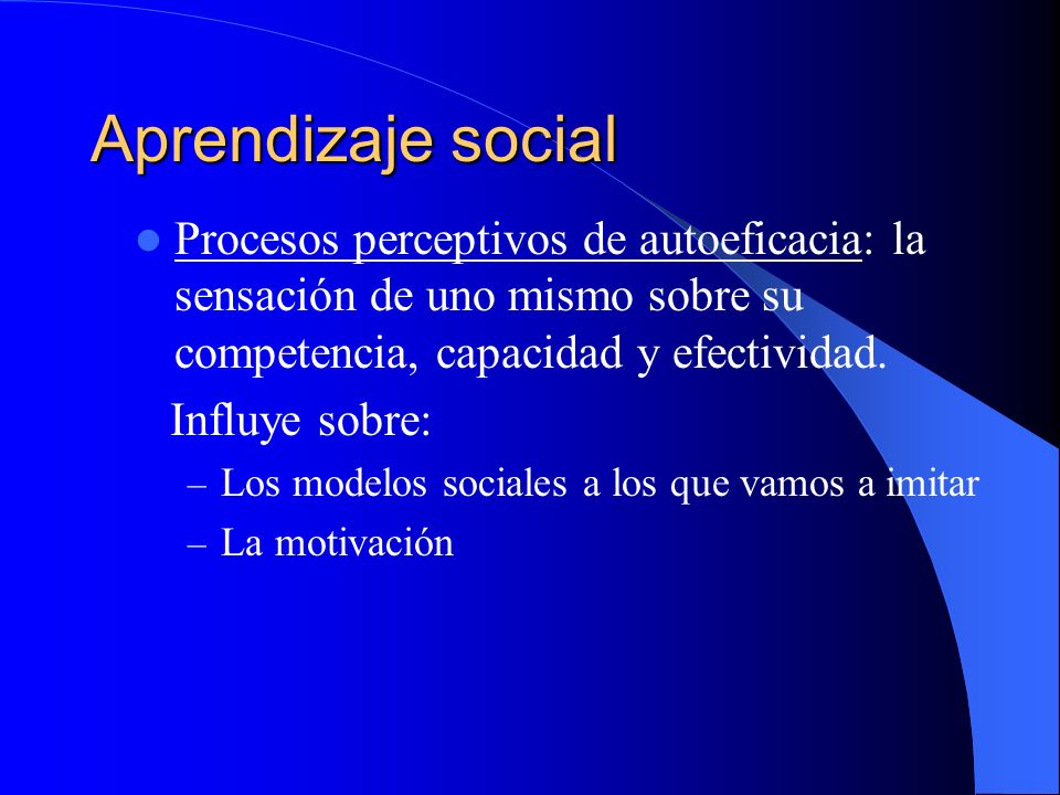 Aprendizaje social Procesos perceptivos de autoeficacia: la sensación de uno mismo sobre su competencia, capacidad y efectividad.