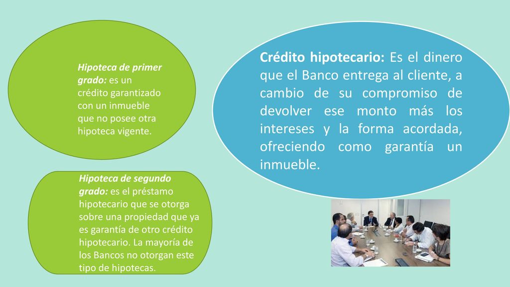 Hipoteca de primer grado: es un crédito garantizado con un inmueble que no posee otra hipoteca vigente.