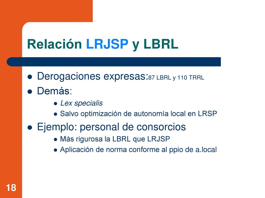 Relación LRJSP y LBRL Derogaciones expresas:87 LBRL y 110 TRRL Demás: