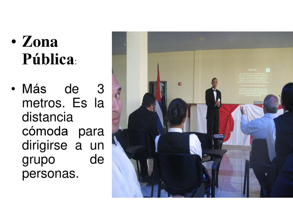 Zona Pública: Más de 3 metros. Es la distancia cómoda para dirigirse a un grupo de personas.