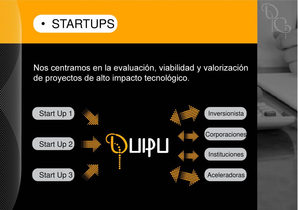 STARTUPS Nos centramos en la evaluación, viabilidad y valorización de proyectos de alto impacto tecnológico.