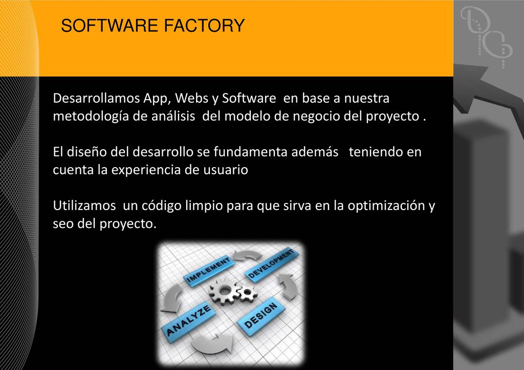SOFTWARE FACTORY Desarrollamos App, Webs y Software en base a nuestra metodología de análisis del modelo de negocio del proyecto .