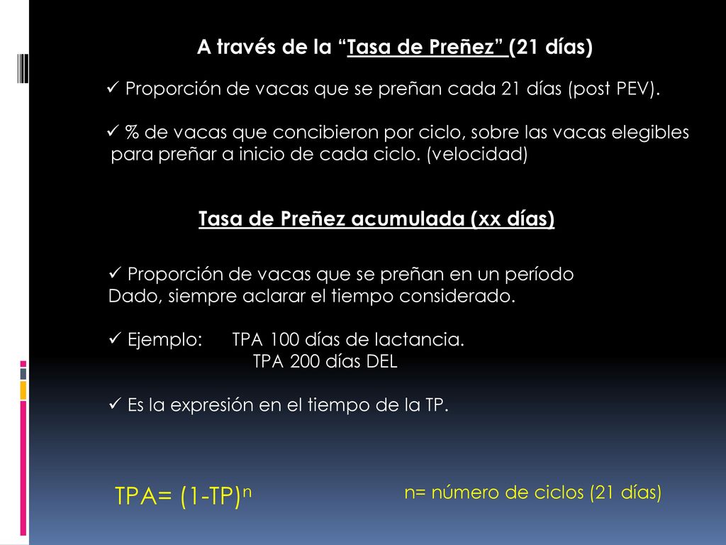 TPA= (1-TP)n A través de la Tasa de Preñez (21 días)