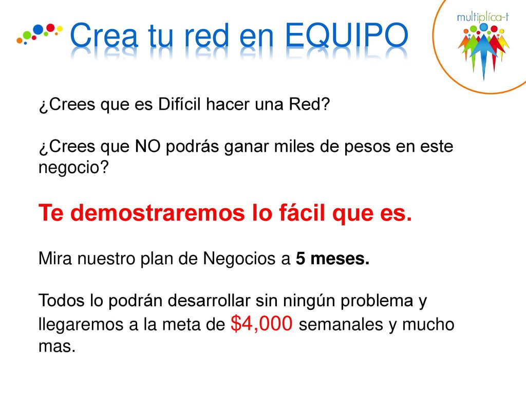 Crea tu red en EQUIPO Te demostraremos lo fácil que es.