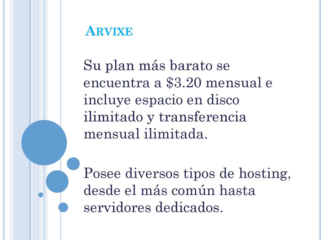 Arvixe Su plan más barato se encuentra a $3.20 mensual e incluye espacio en disco ilimitado y transferencia mensual ilimitada.