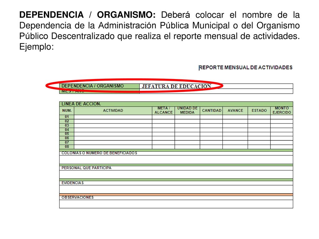 DEPENDENCIA / ORGANISMO: Deberá colocar el nombre de la Dependencia de la Administración Pública Municipal o del Organismo Público Descentralizado que realiza el reporte mensual de actividades.