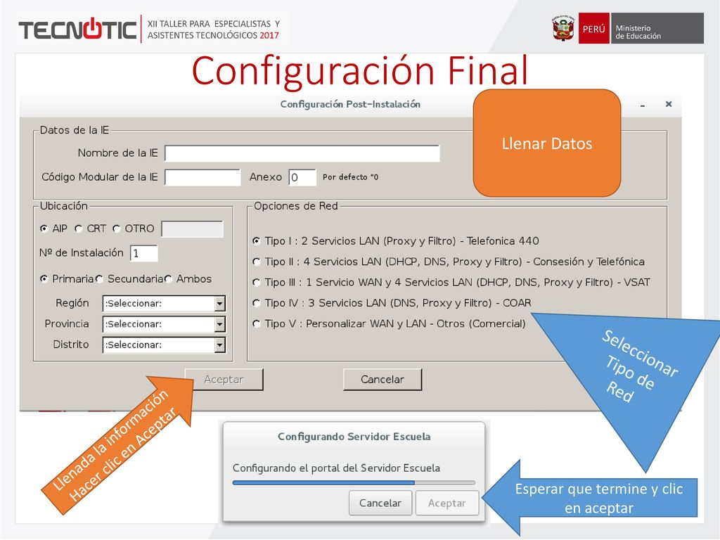 Configuración Final Llenar Datos Seleccionar Tipo de Red