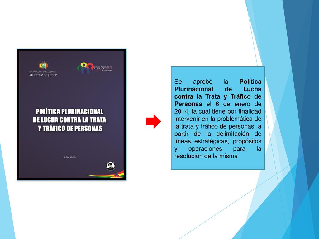 Se aprobó la Política Plurinacional de Lucha contra la Trata y Tráfico de Personas el 6 de enero de 2014, la cual tiene por finalidad intervenir en la problemática de la trata y tráfico de personas, a partir de la delimitación de líneas estratégicas, propósitos y operaciones para la resolución de la misma