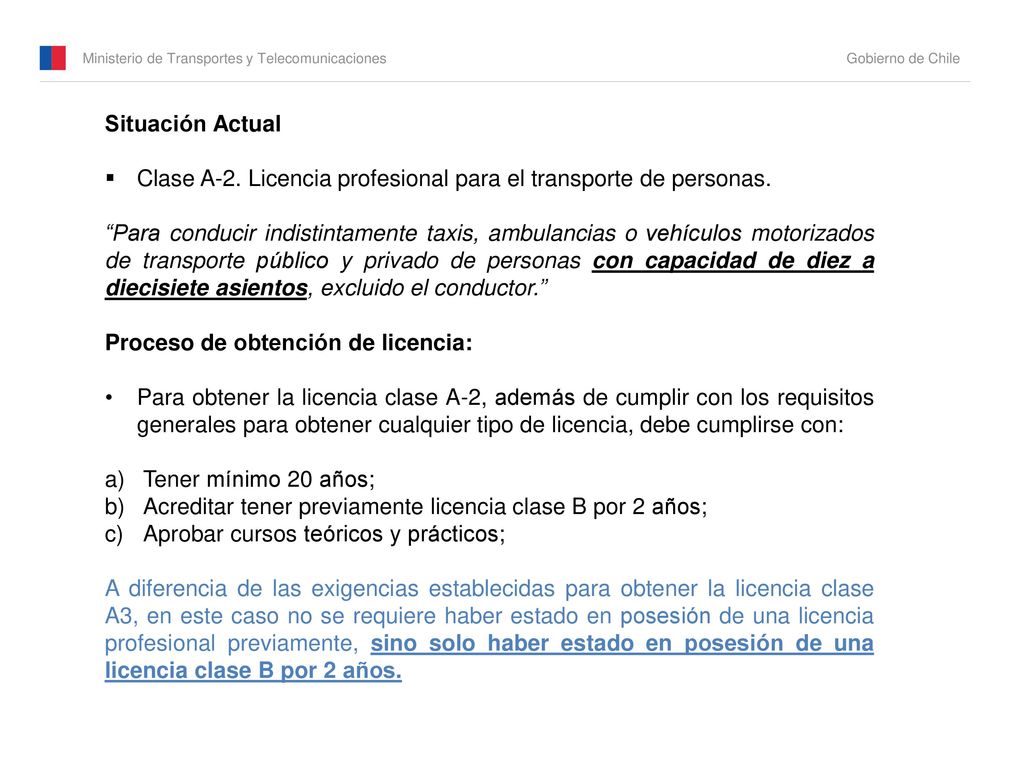 Situación Actual Clase A-2. Licencia profesional para el transporte de personas.