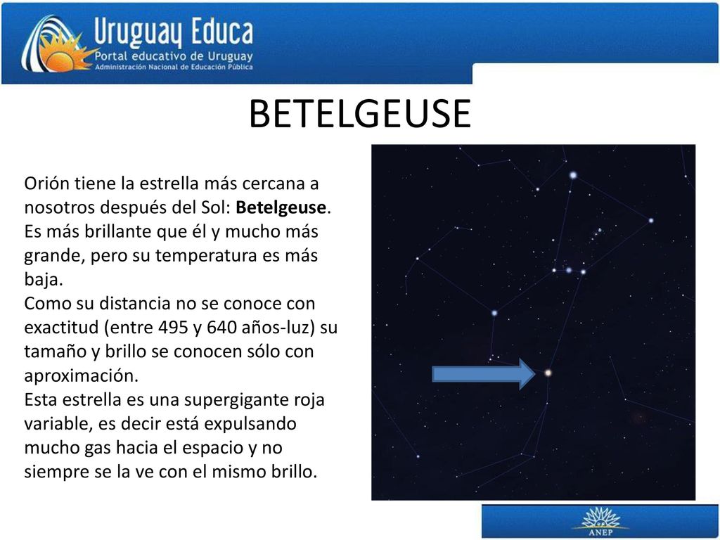 BETELGEUSE Orión tiene la estrella más cercana a nosotros después del Sol: Betelgeuse.