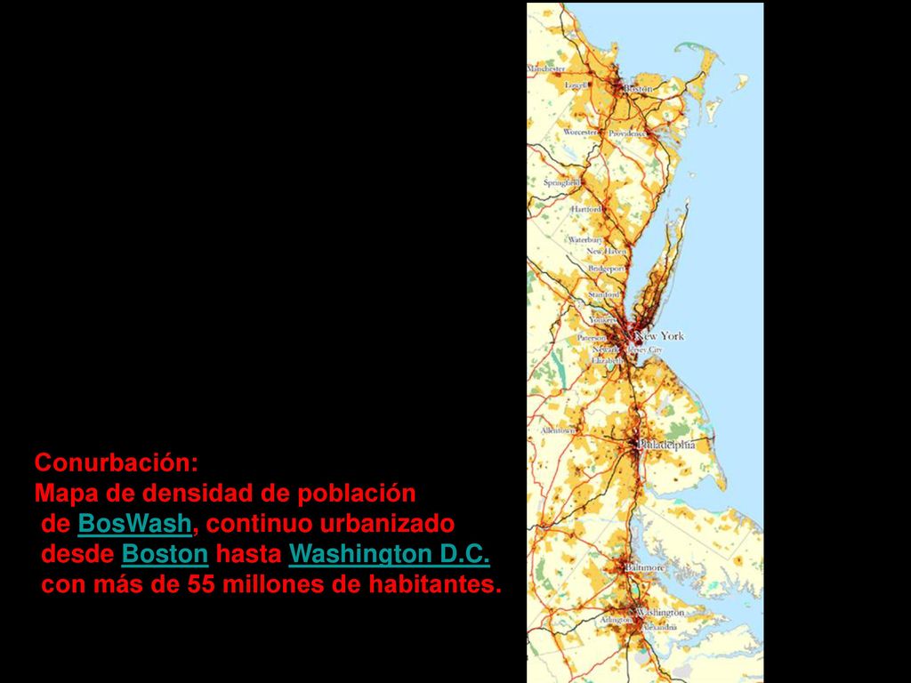 Conurbación: Mapa de densidad de población. de BosWash, continuo urbanizado. desde Boston hasta Washington D.C.