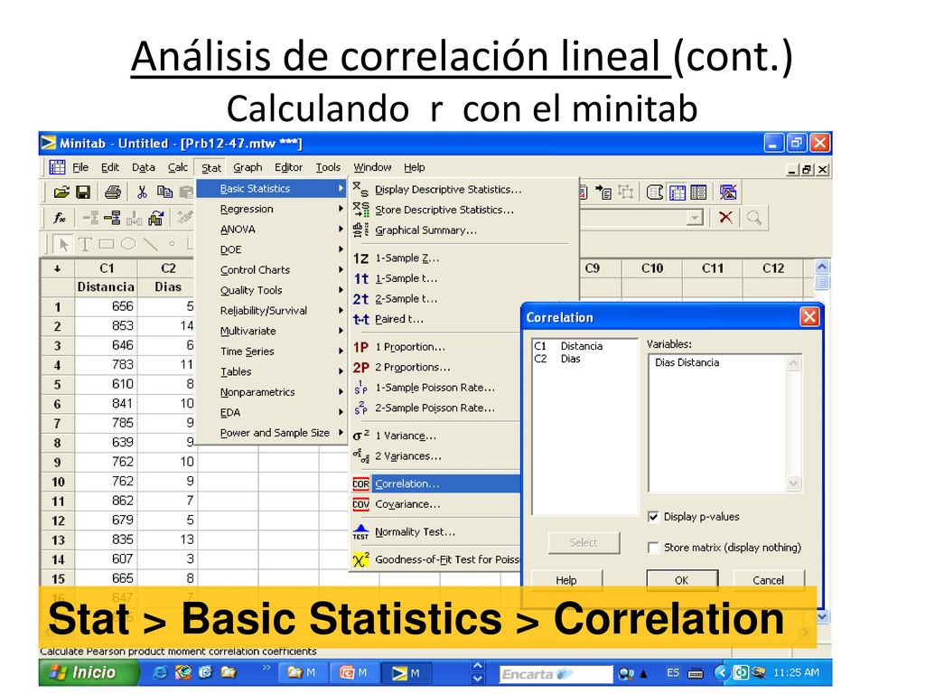 Análisis de correlación lineal (cont.) Calculando r con el minitab