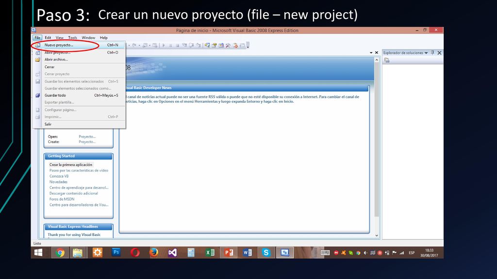 Paso 3: Crear un nuevo proyecto (file – new project)