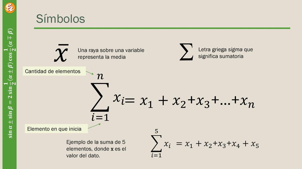 𝑥 𝑖=1 𝑛 𝑥 𝑖 = 𝑥 1 + 𝑥 2 + 𝑥 3 +…+ 𝑥 𝑛 Símbolos 𝑖=1 5 𝑥 𝑖