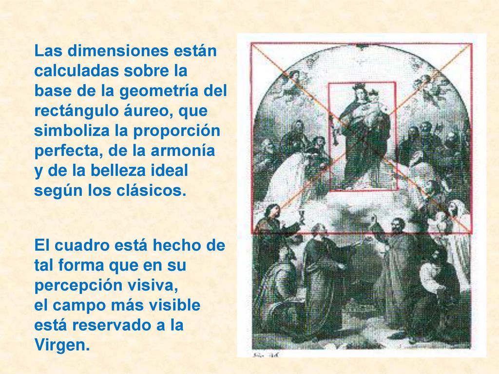 Las dimensiones están calculadas sobre la base de la geometría del rectángulo áureo, que simboliza la proporción perfecta, de la armonía y de la belleza ideal según los clásicos.