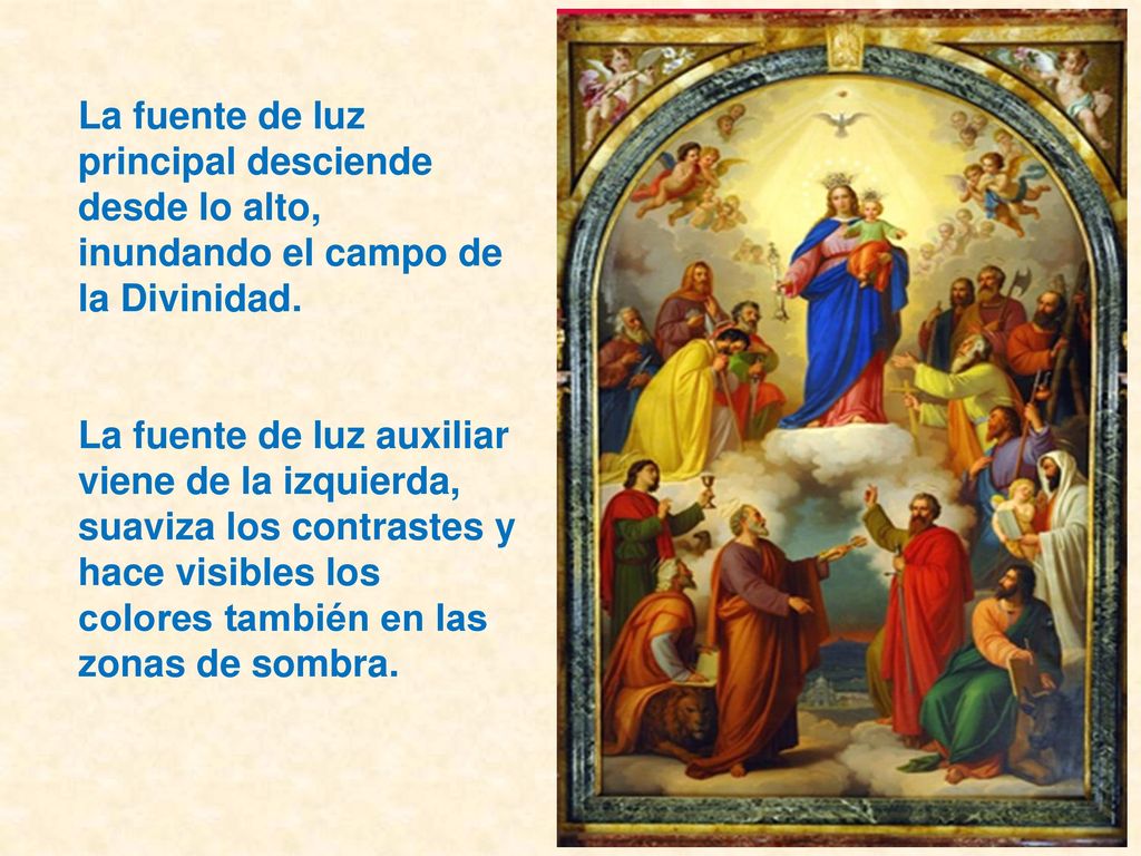 La fuente de luz principal desciende desde lo alto, inundando el campo de la Divinidad.
