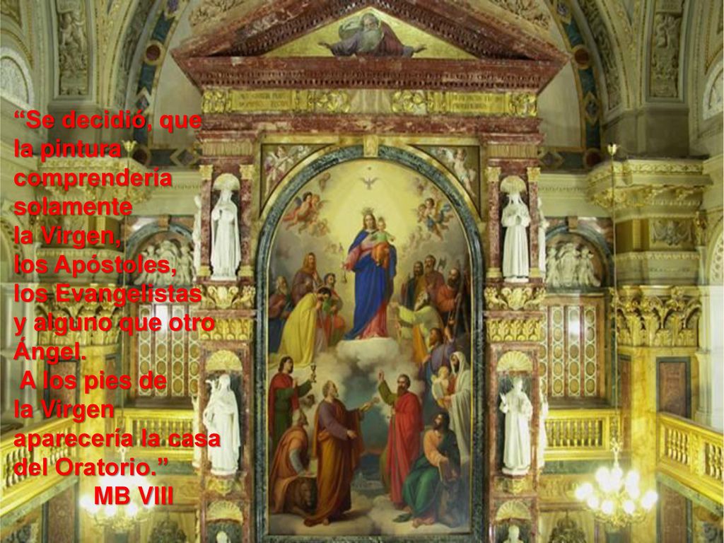 Se decidió, que la pintura comprendería solamente la Virgen, los Apóstoles, los Evangelistas y alguno que otro Ángel.
