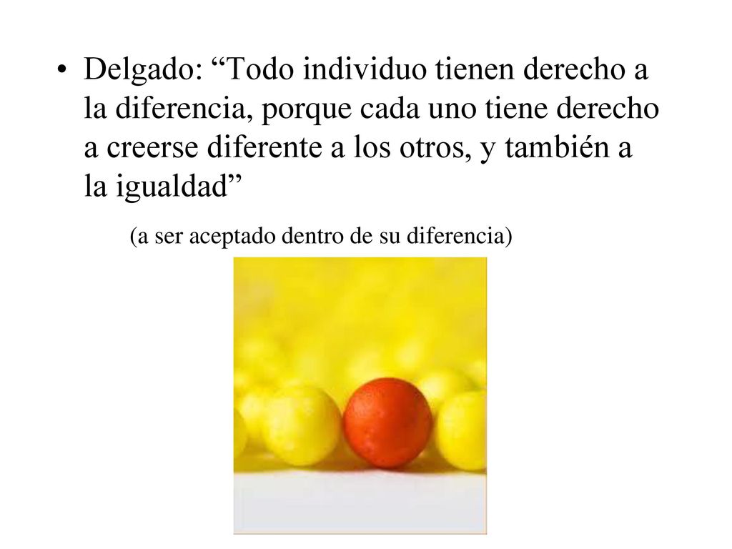 Delgado: Todo individuo tienen derecho a la diferencia, porque cada uno tiene derecho a creerse diferente a los otros, y también a la igualdad