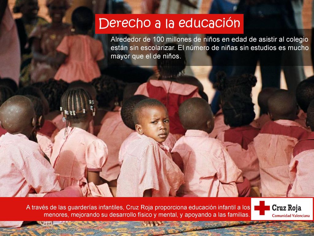 Derecho a la educación Alrededor de 100 millones de niños en edad de asistir al colegio.
