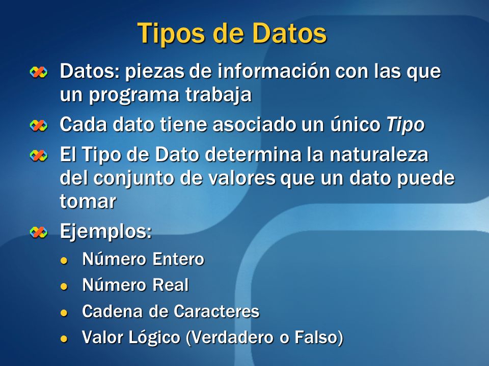 Tipos de Datos Datos: piezas de información con las que un programa trabaja. Cada dato tiene asociado un único Tipo.