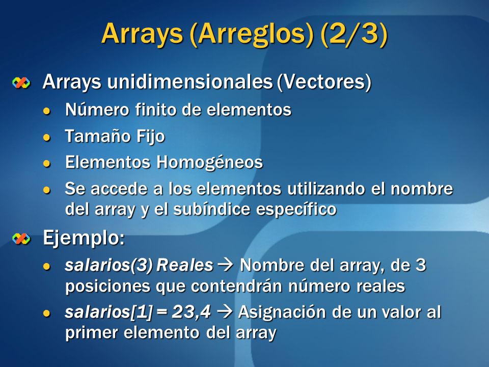 Arrays (Arreglos) (2/3) Arrays unidimensionales (Vectores) Ejemplo: